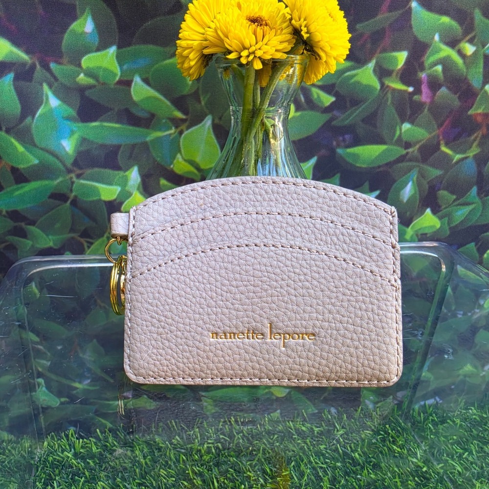 Nanette Lepore Leather Card Holder Key Ring Wallet Taupe Minimalist